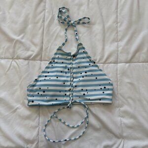 Aerie Womens Size Small Stars Stripes Lace Up Bikini Top High Neck Blue White